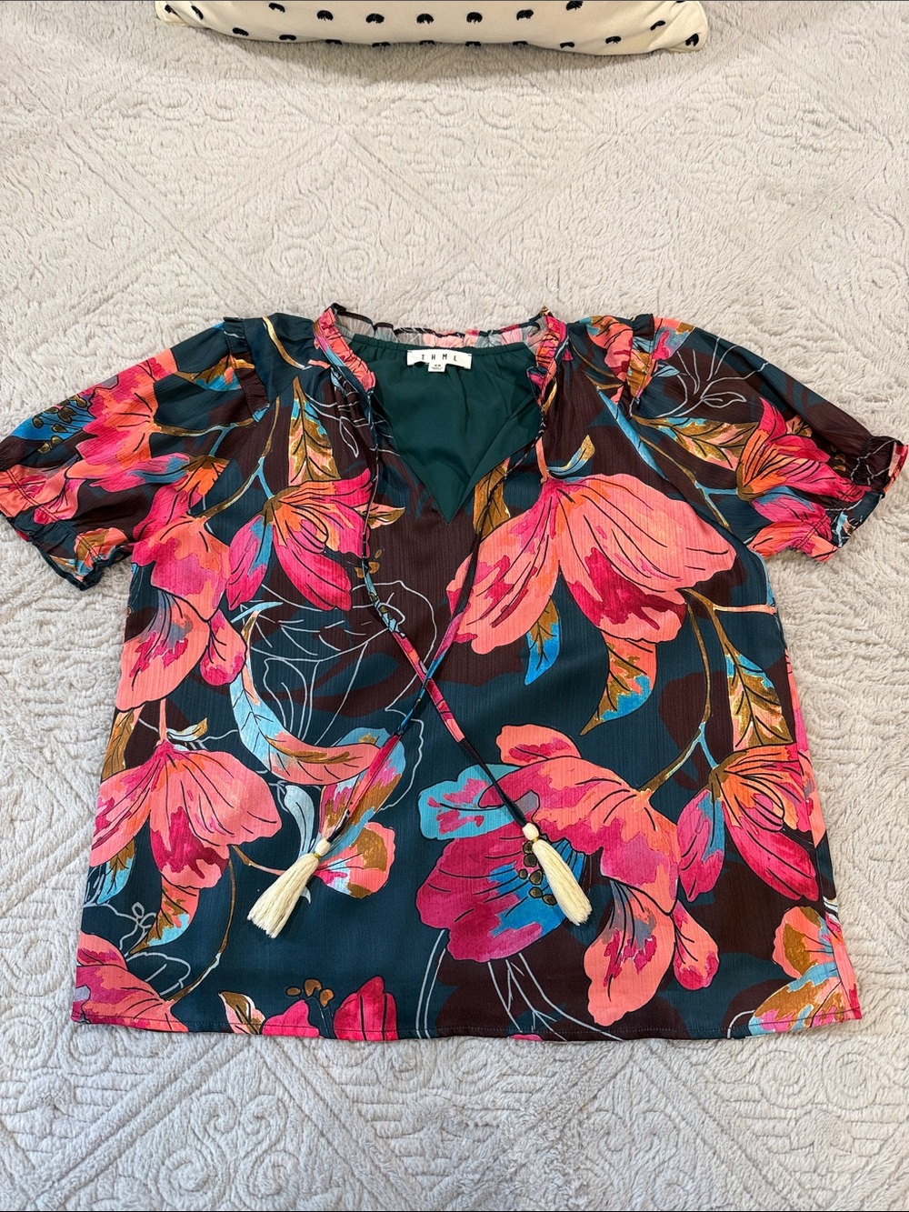 THML Teal Floral Tie-Front Blouse with Pink Accents